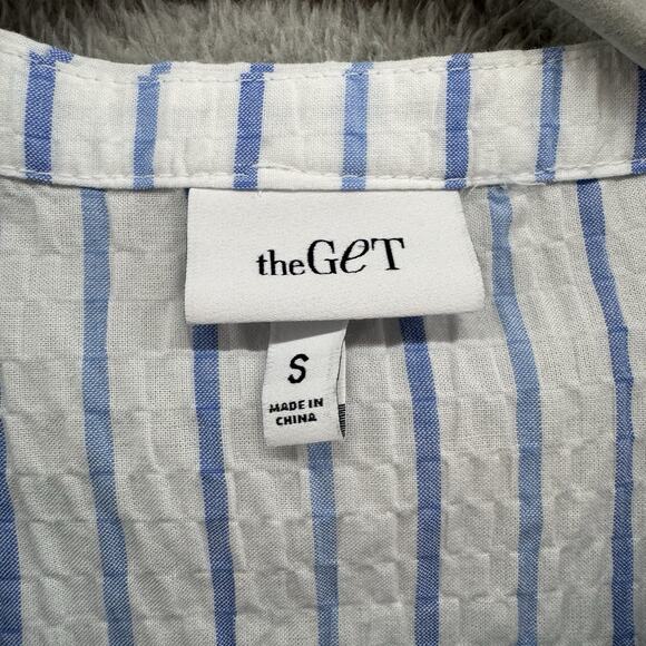 TheGET Top Womens S White Blue Striped Ruffle Button Up Crew Neck Preppy Career - Picture 2 of 12